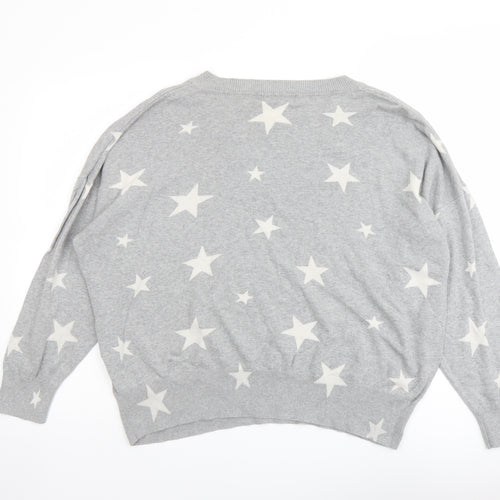 Marks and Spencer Womens Grey V-Neck Geometric Cotton Pullover Jumper Size XL - Star Pattern