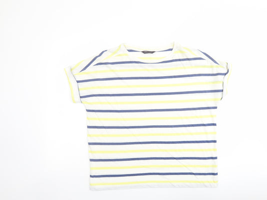 Marks and Spencer Womens Multicoloured Striped Linen Basic T-Shirt Size 14 Round Neck