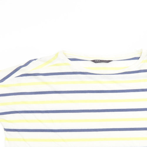 Marks and Spencer Womens Multicoloured Striped Linen Basic T-Shirt Size 14 Round Neck