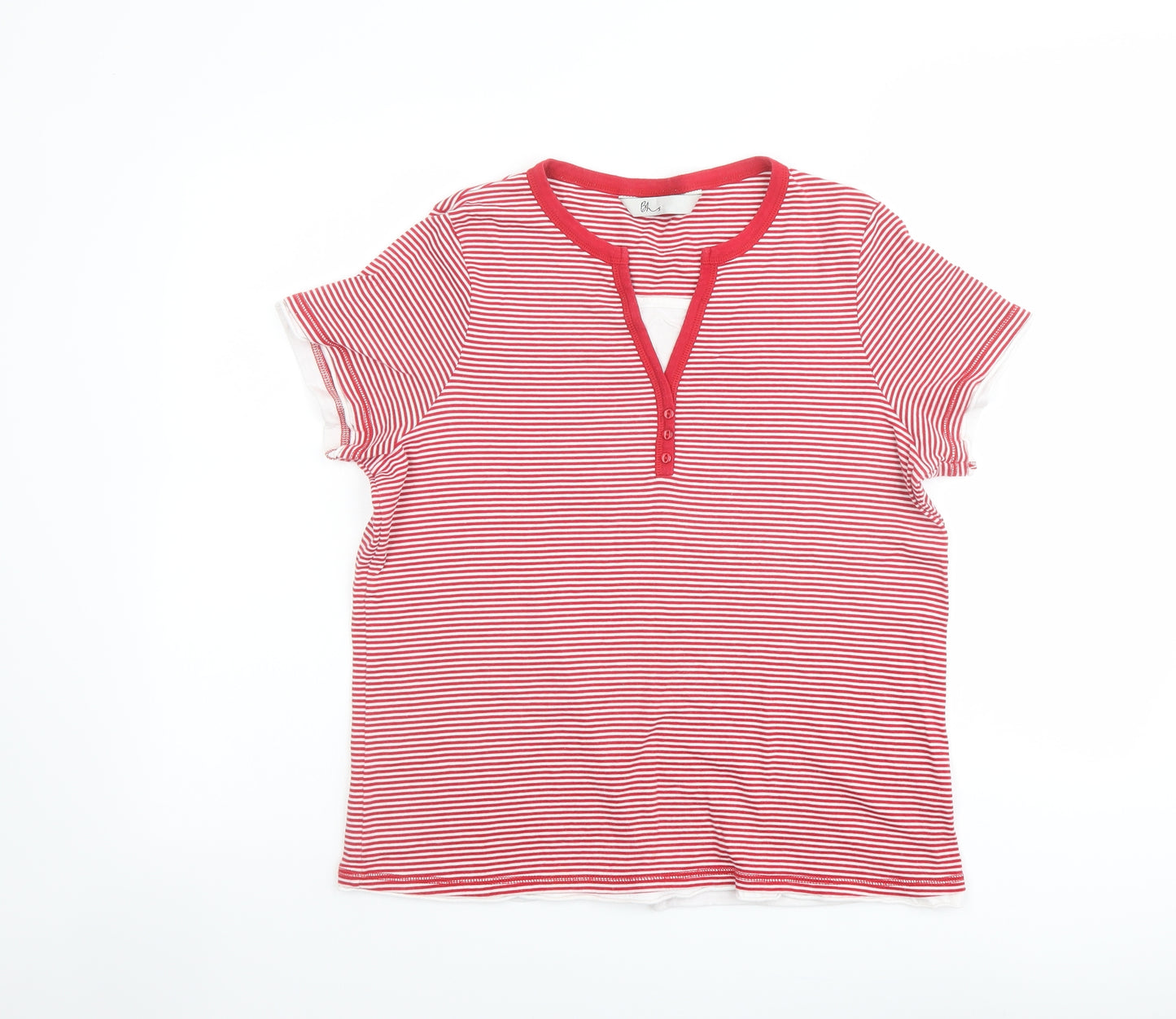 BHS Womens Red Striped Cotton Basic T-Shirt Size 20 V-Neck