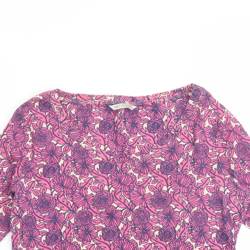 Marks and Spencer Womens Purple Floral Cotton Basic Blouse Size 14 Round Neck