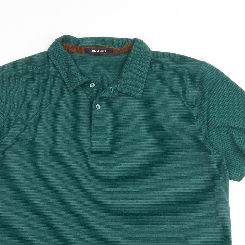 Rohan Mens Green Striped Polyester Polo Size L Collared Button