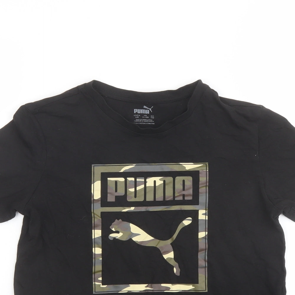 PUMA Boys Black Cotton Basic T-Shirt Size 11-12 Years Round Neck Pullover - Logo