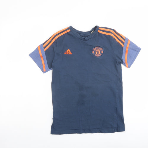 adidas Boys Blue Cotton Basic T-Shirt Size 11-12 Years Round Neck Pullover - Manchester United