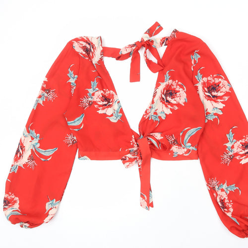 Missguided Womens Red Floral Polyester Cropped Blouse Size 12 V-Neck