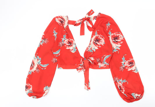 Missguided Womens Red Floral Polyester Cropped Blouse Size 12 V-Neck