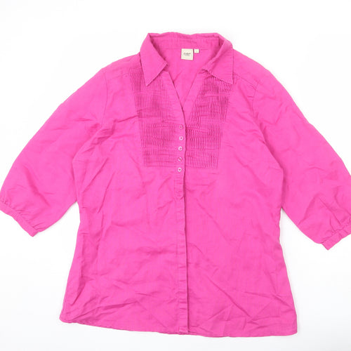 Cotton Traders Womens Pink Linen Basic Button-Up Size 14 V-Neck - Frills