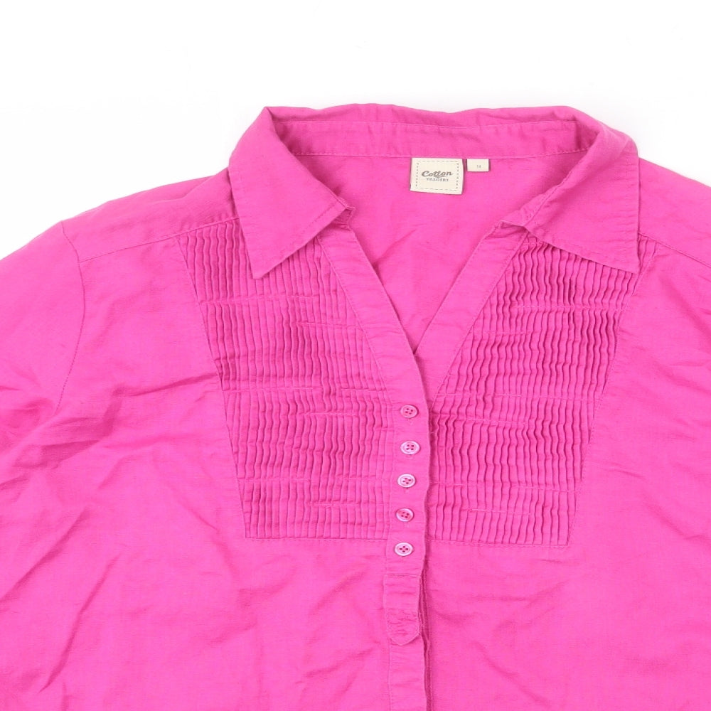 Cotton Traders Womens Pink Linen Basic Button-Up Size 14 V-Neck - Frills