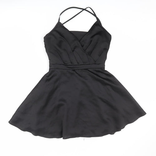 Boohoo Womens Black Polyester Skater Dress Size 10 Sweetheart Pullover - Wrap Front