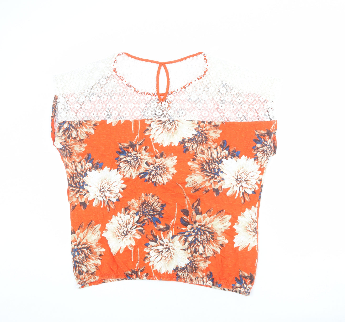 NEXT Womens Orange Floral Cotton Basic T-Shirt Size 16 Round Neck - Lace Details On Back