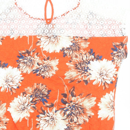 NEXT Womens Orange Floral Cotton Basic T-Shirt Size 16 Round Neck - Lace Details On Back