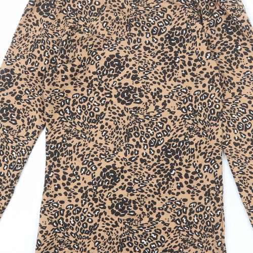 Marks and Spencer Womens Brown Animal Print Acrylic Basic T-Shirt Size 6 Round Neck - Leopard Print