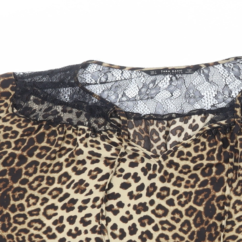 Zara Womens Beige Animal Print Polyester Basic Blouse Size L Round Neck - Leopard Print