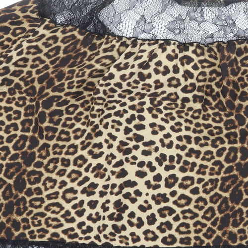 Zara Womens Beige Animal Print Polyester Basic Blouse Size L Round Neck - Leopard Print