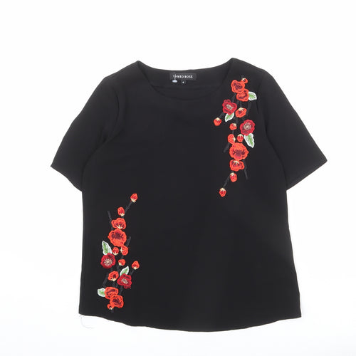 Cameo Rose Womens Black Polyester Basic T-Shirt Size 8 Round Neck - Embroidered Flowers