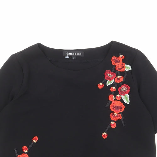 Cameo Rose Womens Black Polyester Basic T-Shirt Size 8 Round Neck - Embroidered Flowers
