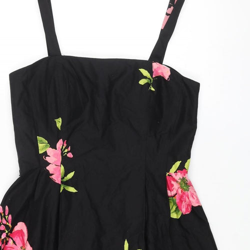 Jessica Howard Womens Black Cotton Fit & Flare Size 14 Square Neck Zip - Floral