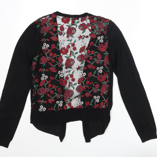New Look Womens Black V-Neck Floral Acrylic Cardigan Jumper Size 12 - Sheer Back Detail