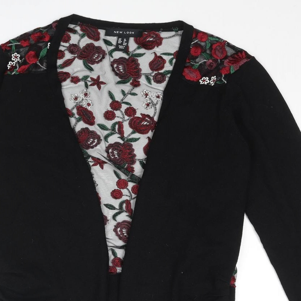 New Look Womens Black V-Neck Floral Acrylic Cardigan Jumper Size 12 - Sheer Back Detail