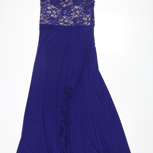Morgan & Co. Womens Blue Polyester Ball Gown Size 10 Halter Zip - Lace Details