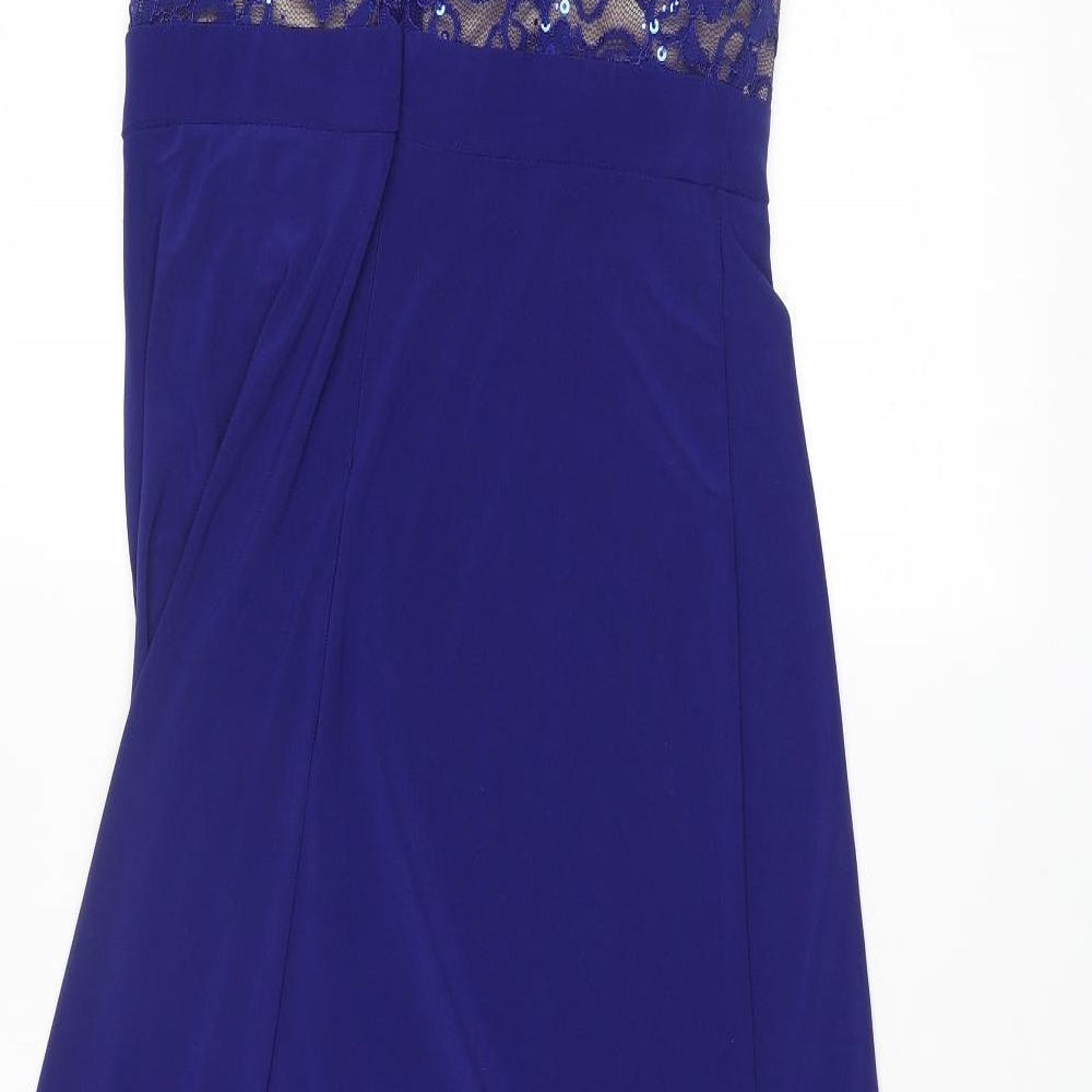 Morgan & Co. Womens Blue Polyester Ball Gown Size 10 Halter Zip - Lace Details