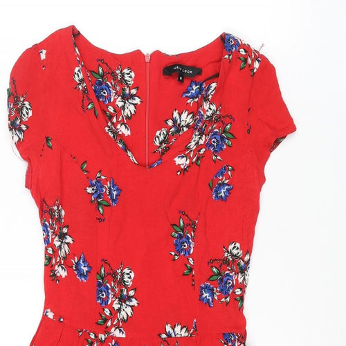 New Look Womens Red Floral Viscose A-Line Size 8 V-Neck Zip
