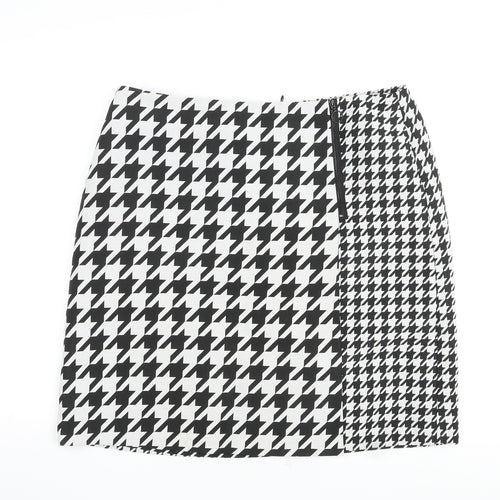Marks and Spencer Womens Black Geometric Polyester Mini Skirt Size 16 Zip - Houndstooth Pattern