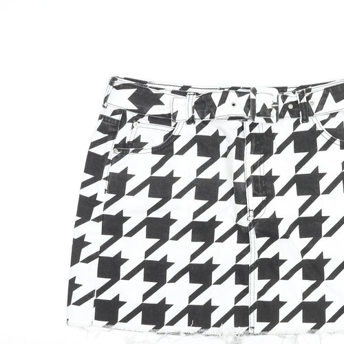 Topshop Womens Black Geometric Cotton Mini Skirt Size 16 Zip - Houndstooth Pattern