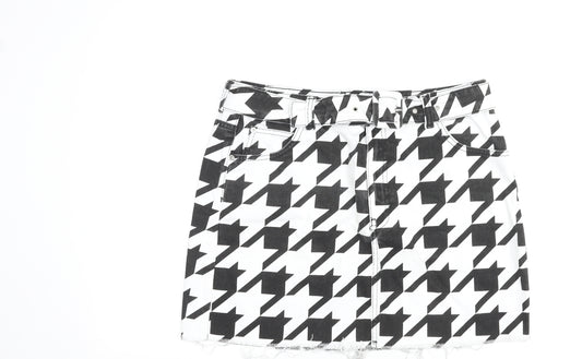 Topshop Womens Black Geometric Cotton Mini Skirt Size 16 Zip - Houndstooth Pattern