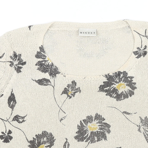 Minuet Womens Beige Scoop Neck Floral Silk Pullover Jumper Size 12
