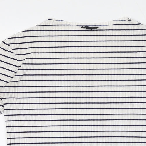 Topshop Womens White Striped Polyester Basic T-Shirt Size 8 Crew Neck