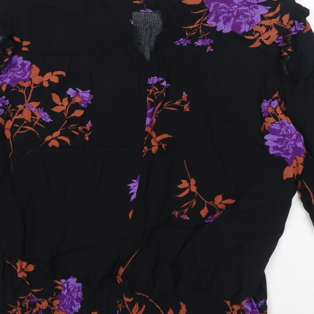 Oasis Womens Black Floral Viscose Basic Blouse Size 12 Collared