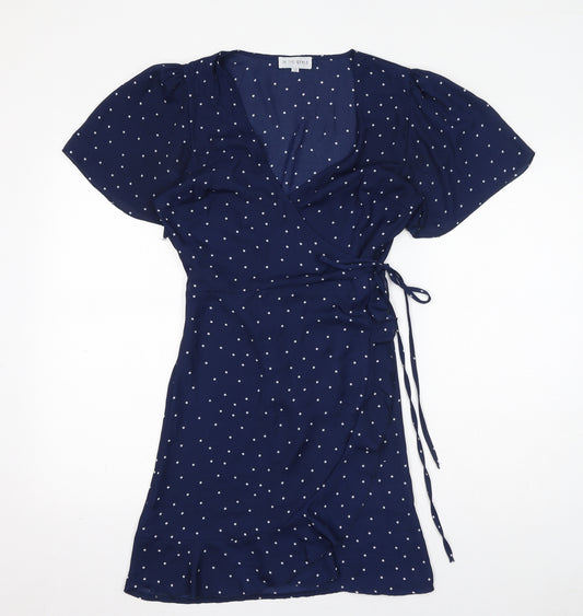 In the Style Womens Blue Polka Dot Polyester Wrap Dress Size 10 V-Neck Tie