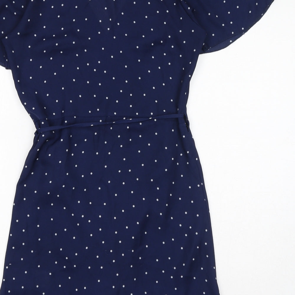 In the Style Womens Blue Polka Dot Polyester Wrap Dress Size 10 V-Neck Tie