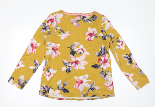 Joules Womens Yellow Floral 100% Cotton Basic Blouse Size 14 Round Neck