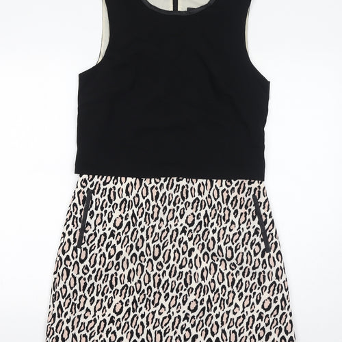 Oasis Womens Black Animal Print Polyester Shift Size 10 Round Neck Zip - Leopard Print