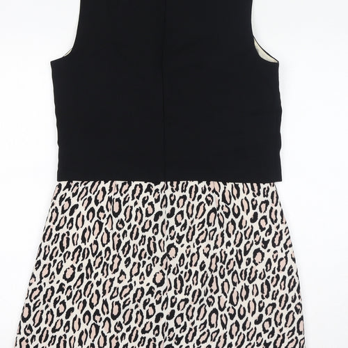 Oasis Womens Black Animal Print Polyester Shift Size 10 Round Neck Zip - Leopard Print