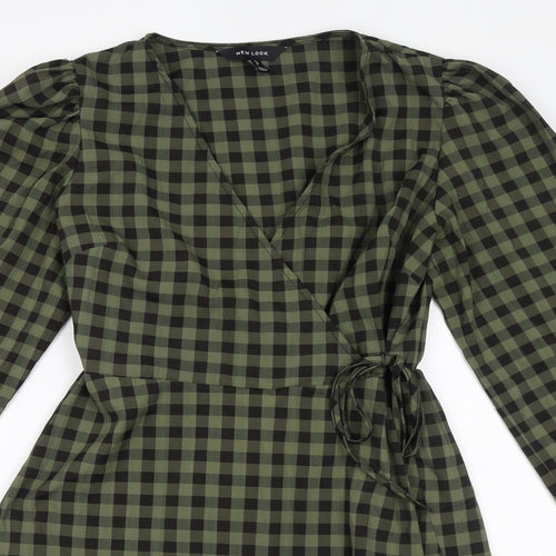 New Look Womens Green Check Polyester Wrap Dress Size 12 V-Neck Pullover - Ruffle