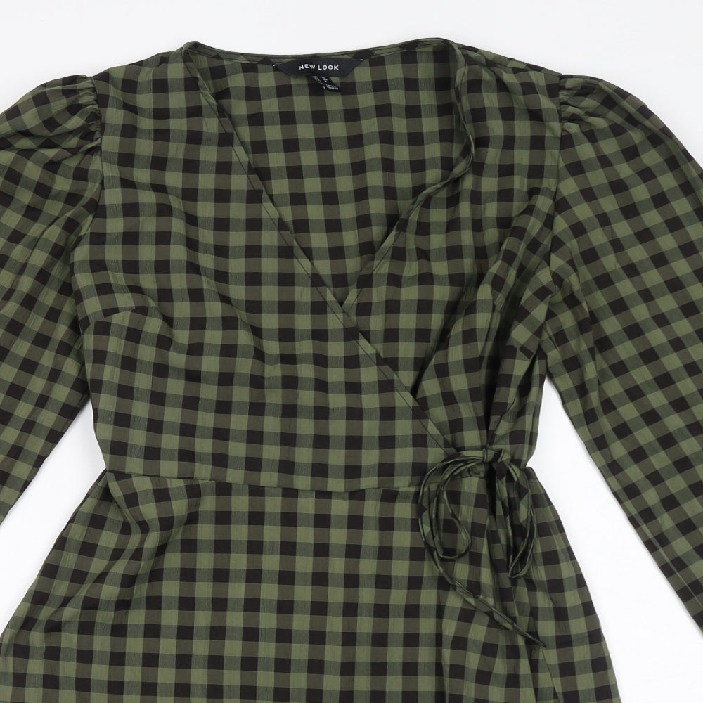 New Look Womens Green Check Polyester Wrap Dress Size 12 V-Neck Pullover - Ruffle