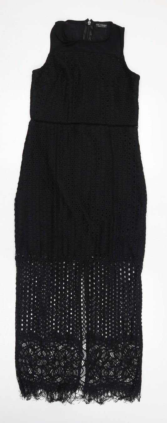 Miss Selfridge Womens Black Polyamide Maxi Size 10 Round Neck Zip - Crochet Overlay