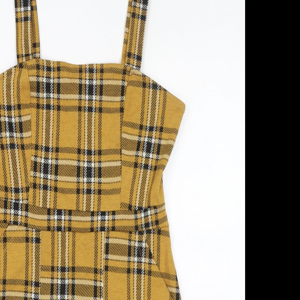 Bershka Womens Yellow Check Polyester Mini Size S Square Neck Pullover