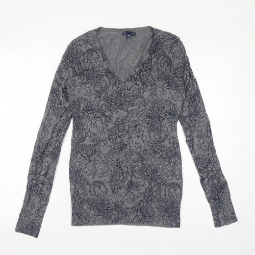 Gap Womens Grey V-Neck Floral 100% Cotton Pullover Jumper Size S