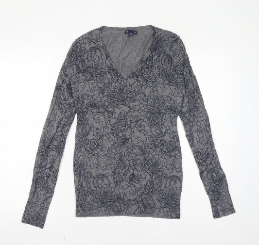 Gap Womens Grey V-Neck Floral 100% Cotton Pullover Jumper Size S