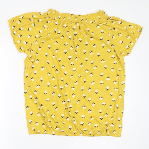 M&Co Womens Yellow Floral 100% Cotton Basic T-Shirt Size 14 Round Neck