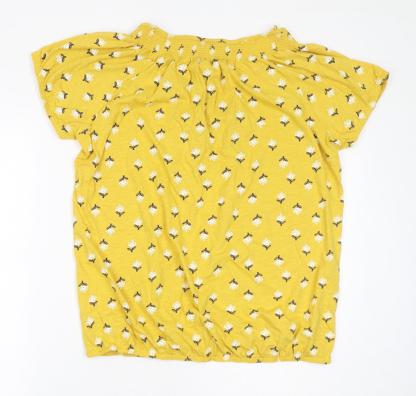 M&Co Womens Yellow Floral 100% Cotton Basic T-Shirt Size 14 Round Neck