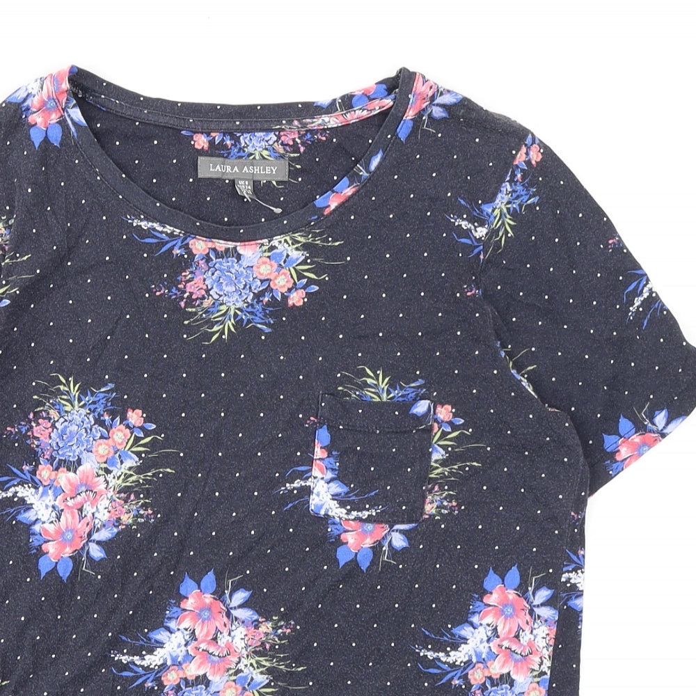 Laura Ashley Womens Blue Floral Modal Basic T-Shirt Size 8 Round Neck