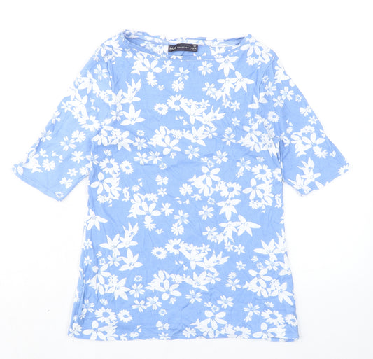 Marks and Spencer Womens Blue Floral 100% Cotton Basic Blouse Size 12 Boat Neck