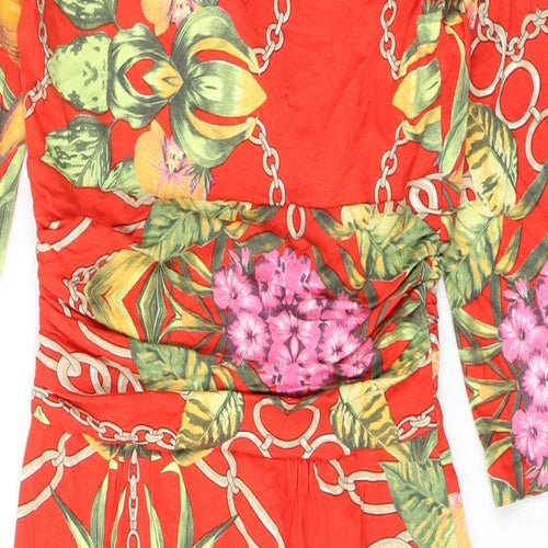 Fran Jane Womens Red Floral Viscose Pencil Dress Size 10 V-Neck Zip