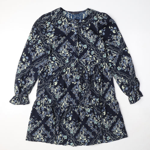 Marks and Spencer Womens Blue Geometric Polyester Shift Size 6 Round Neck Button - Floral Diamond Smock