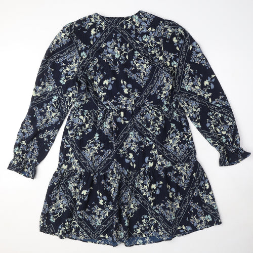 Marks and Spencer Womens Blue Geometric Polyester Shift Size 6 Round Neck Button - Floral Diamond Smock